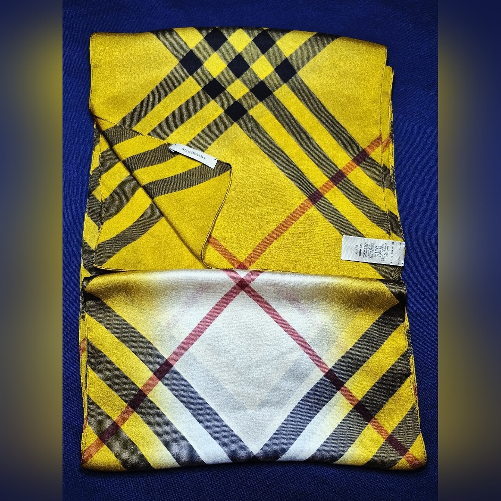 Burberry Yellow Plaid Silk Scarf with Black and Red Accents - Picture 11 of 11